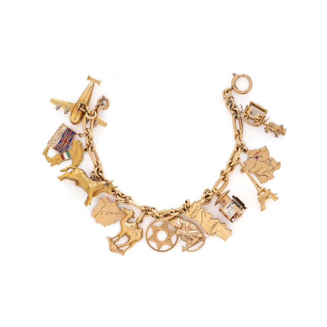 CHARM BRACELET: CHARM BRACELET Thirteen charms total. Gold-filled, vermeil, low karat gold, and yellow gold. 8 inches long. Bracelet stamp: 1/20 12KTGF. Gross weight: 31.45 dwt. Sold for the benefit of Shriners Hospi