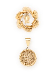 TWO YELLOW GOLD, SEED PEARL, AND DIAMOND PENDANTS