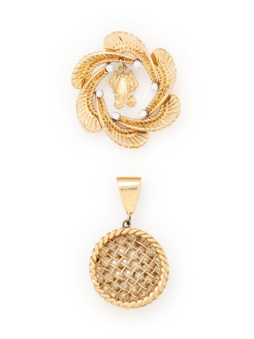 TWO YELLOW GOLD, SEED PEARL, AND DIAMOND PENDANTS (1 of 2)