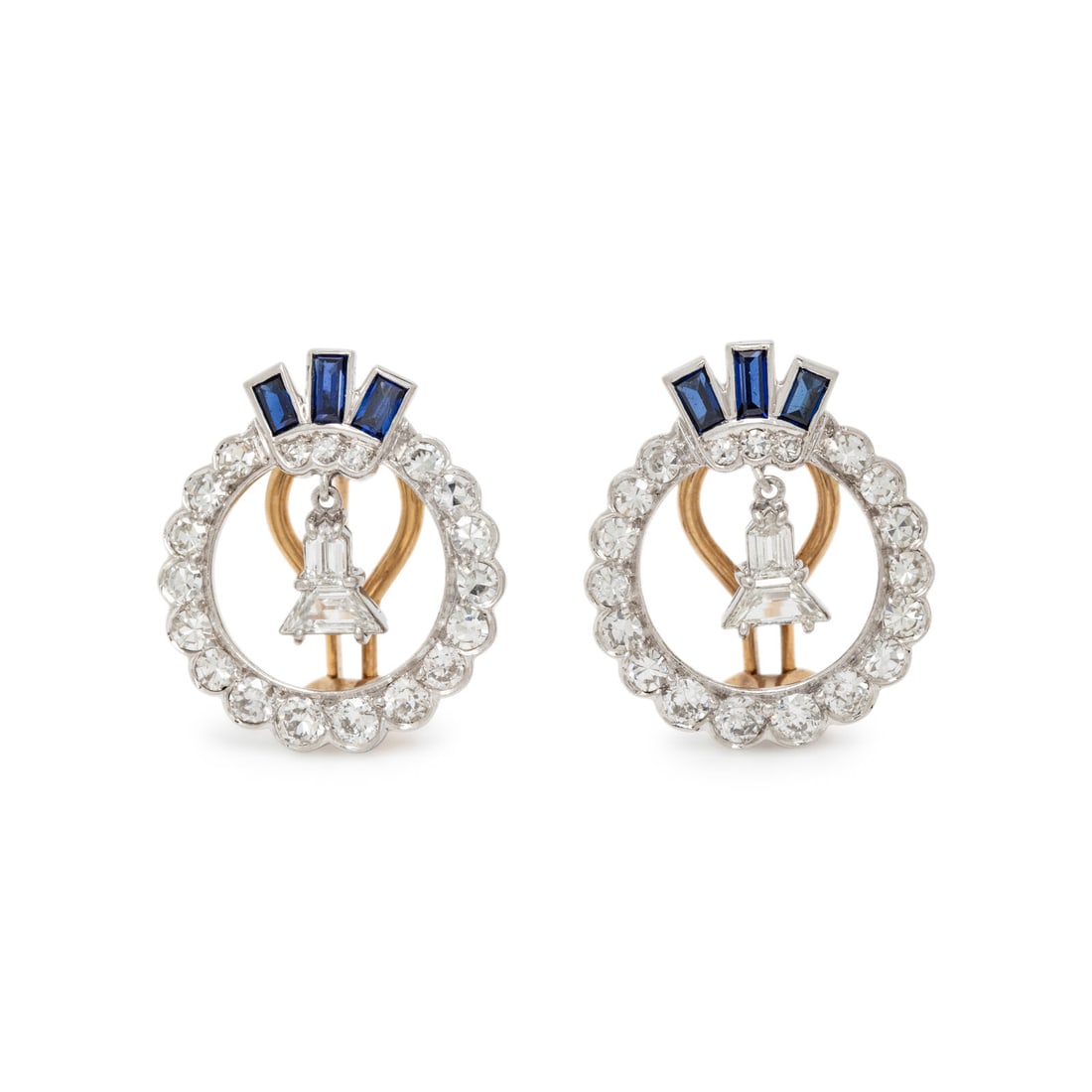 DIAMOND AND SYNTHETIC SAPPHIRE EARRINGS: DIAMOND AND SYNTHETIC SAPPHIRE EARRINGS Single, transitional, trapezoidal, and bullet shape diamonds weighing approximately 1.70 carats total, and baguette cut synthetic sapphire. 14 karat white gold.