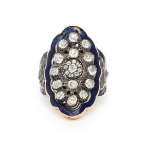 ANTIQUE, DIAMOND, ENAMEL, AND YELLOW GOLD RING