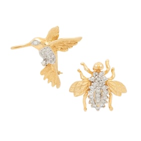 COLLECTION OF YELLOW GOLD AND DIAMOND ANIMAL PINS