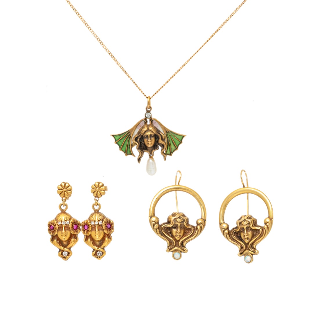 COLLECTION OF YELLOW GOLD AND GEMSTONE ART NOUVEAU STYLE JEWELRY (1 of 3)