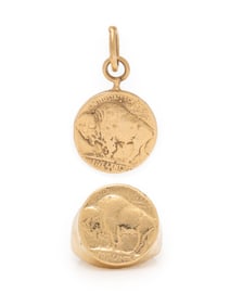 YELLOW GOLD BUFFALO NICKEL RING AND PENDANT