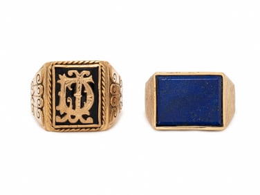 TWO HARDSTONE AND YELLOW GOLD RINGS