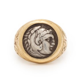 GREEK, SILVER DRACHMA AND YELLOW GOLD RING