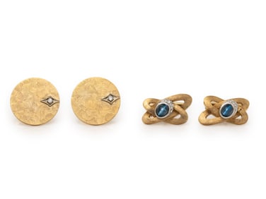 TWO PAIRS OF BICOLOR GOLD CUFFLINKS WITH DIAMONDS AND GEMSTONES