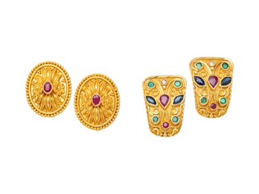 TWO PAIRS OF YELLOW GOLD AND MULTIGEM EARRINGS
