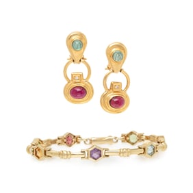 YELLOW GOLD AND MULTIGEM BRACELET AND EARRINGS