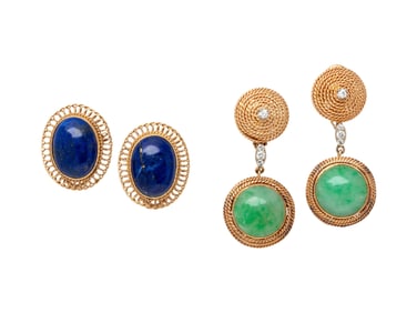 TWO PAIRS OF YELLOW GOLD AND GEMSTONE EARRINGS