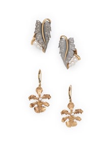 TWO PAIRS OF GOLD AND DIAMOND BOTANICAL EARRINGS