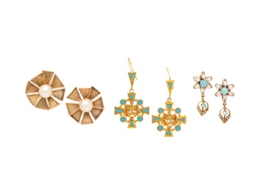 THREE PAIRS OF YELLOW GOLD AND GEMSTONE EARRINGS