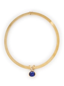 TANZANITE, DIAMOND, AND YELLOW GOLD SLIDE PENDANT WITH OMEGA CHAIN