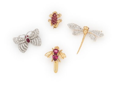 COLLECTION OF DIAMOND, GEMSTONE, AND GOLD WHIMSICAL PINS