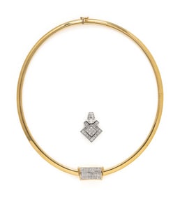 YELLOW GOLD OMEGA CHAIN WITH TWO DIAMOND SLIDES