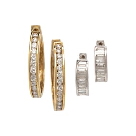 TWO PAIRS OF DIAMOND HOOP EARRINGS