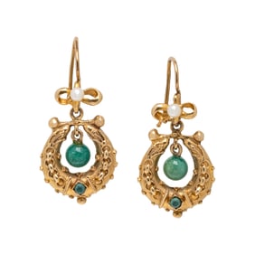 YELLOW GOLD, SEED PEARL, AND HARDSTONE EARRINGS