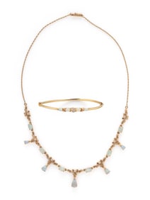 OPAL, DIAMOND, AND YELLOW GOLD NECKLACE AND BANGLE BRACELET