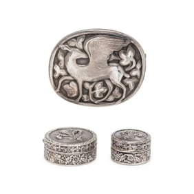 TWO FRATELLI PERUZZI PILL BOXES AND A GEORG JENSEN BROOCH