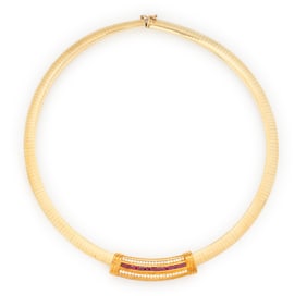 RUBY AND DIAMOND SLIDE PENDANT WITH YELLOW GOLD OMEGA CHAIN