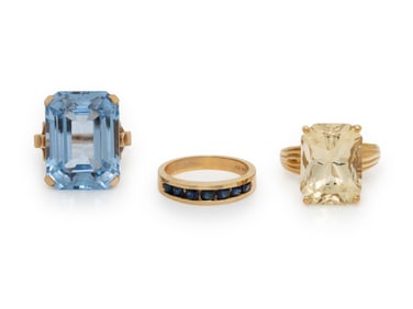 THREE YELLOW GOLD AND MULTIGEM RINGS