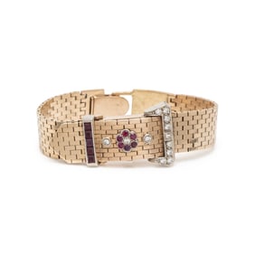 GENOVA, 14K YELLOW GOLD SURPRISE WATCH WITH RUBIES AND DIAMONDS