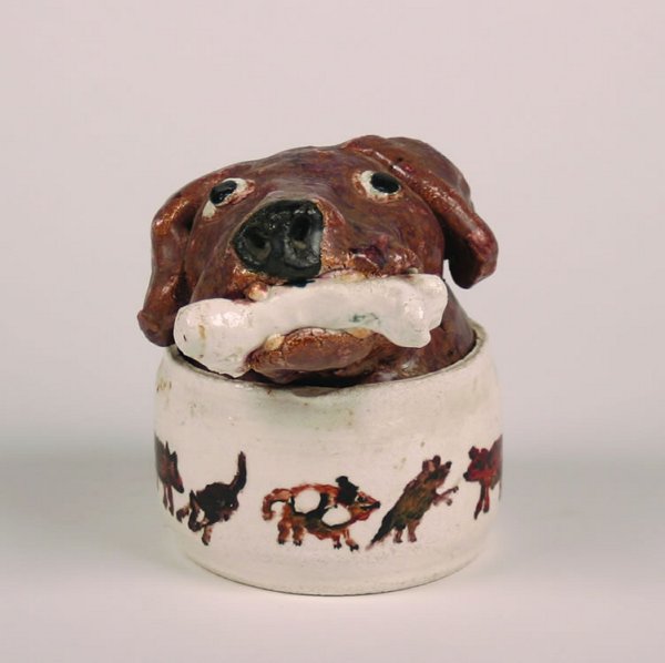 David Gilhooly: David Gilhooly American (b. 1943)Dog with a Boneceramic jar with lidHeight 7 1/2 inchesProvenance: The Art Wagon Galleries, ScottsdaleEstate of Leo S. Guthman
