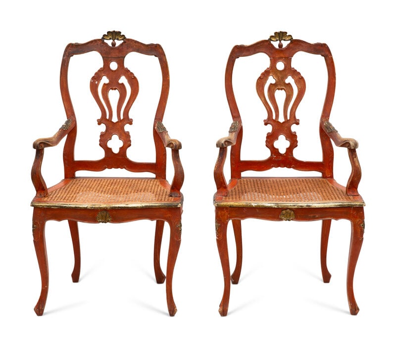 A Pair of Italian Rococo Style Bole-Painted and Parcel Gilt Armchairs  (1 of 3)