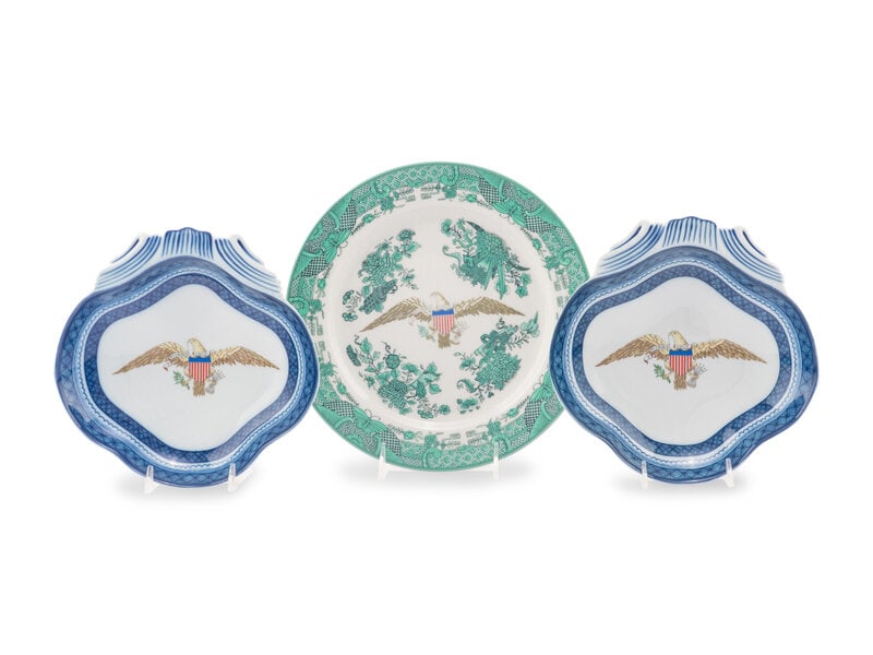 Three Commemorative Porcelain Articles: Three Commemorative Porcelain Articles comprising two Mottahedeh Presidential Inauguration commemorative articles and a Limoges dish. Largest diameter 10 1/4 inches. A Legacy