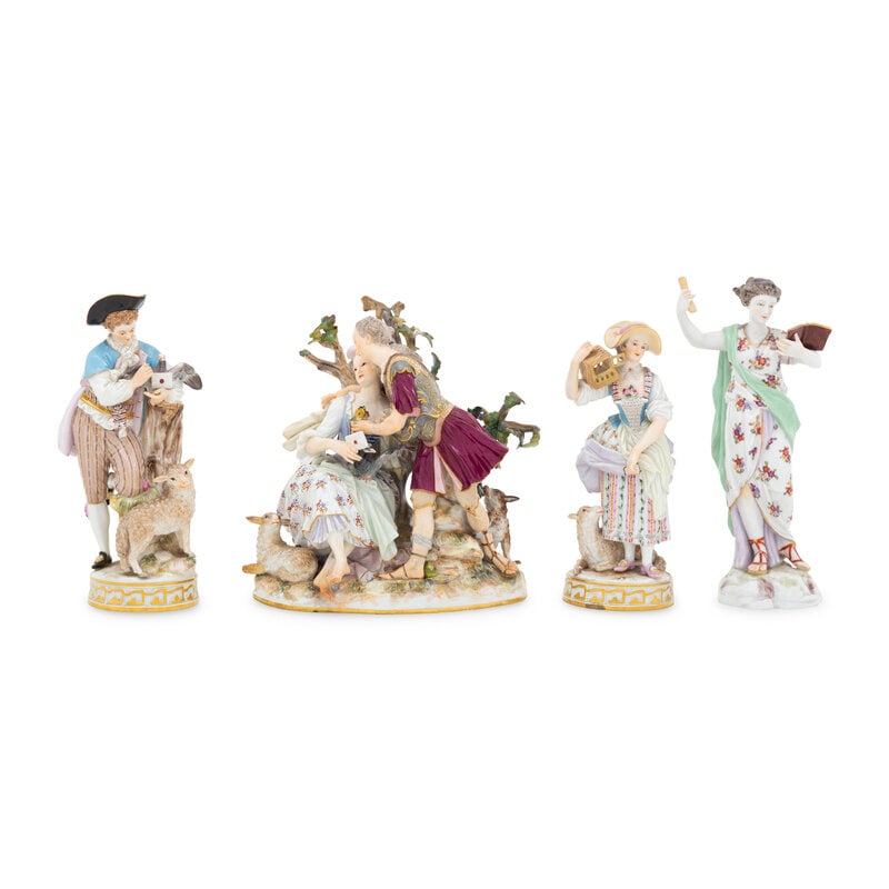 A Group of Three Meissen Porcelain Allegorical Figures: A Group of Three Meissen Porcelain Allegorical Figures 19th Century Comprising: A Meissen pastoral figural group A pair of Meissen figures of a shepherd and shepherdess Larger, height 7 1/4
