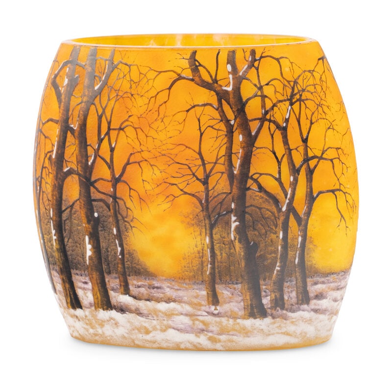 A Daum Nancy 'Winter' Enameled Glass Pillow Vase: A Daum Nancy 'Winter' Enameled Glass Pillow Vase Late 19th/Early 20th Century marked on underside of base. Height 4 x width 5 inches. This lot is located in Chicago.