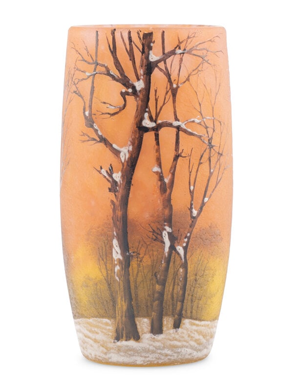 A Daum Nancy 'Winter' Enameled Glass Tumbler Vase: A Daum Nancy 'Winter' Enameled Glass Tumbler Vase Late 19th/Early 20th Century Height 4 3/4 x diameter 2 1/4 inches. This lot is located in Chicago.