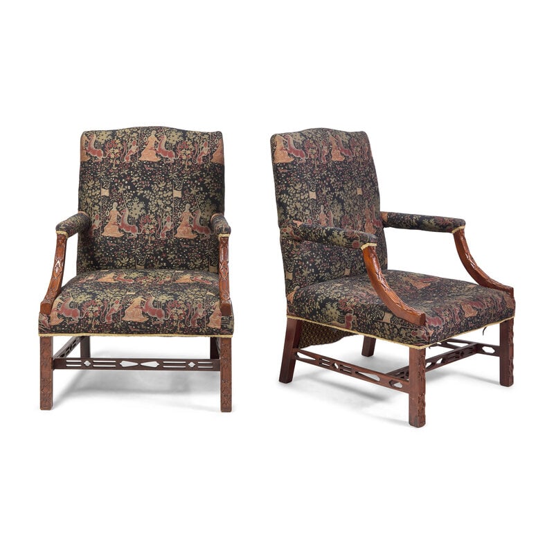 A Pair of George III Style Mahogany Carved Library Chairs (1 of 2)