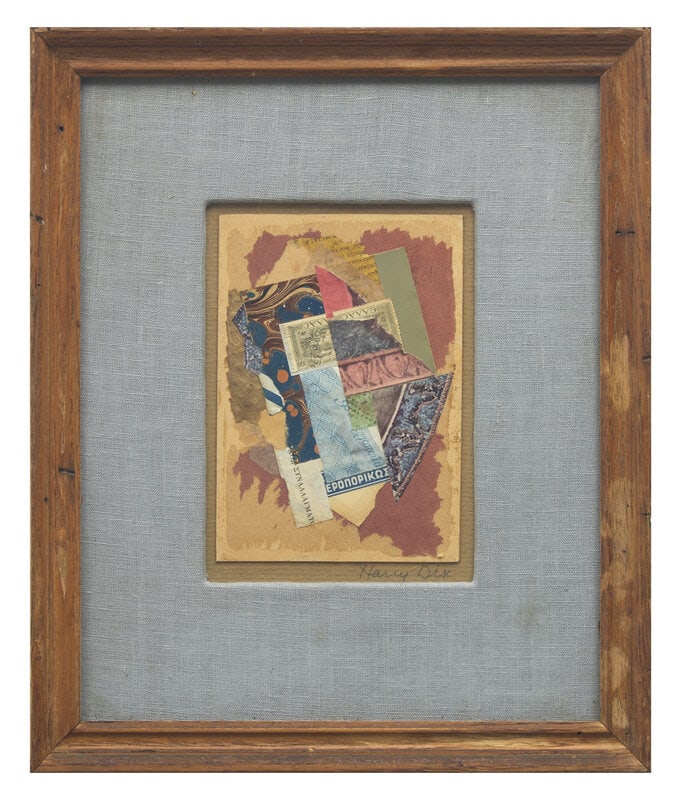 Harry St. John Dix (American, 1907-1968) Collage with Greek Lettering: Harry St. John Dix (American, 1907-1968) Collage with Greek Lettering mixed media collage on cardboard signed Harry Dix (in margin, lower right); signed and titled (to backing verso) 7 x 4 3/4