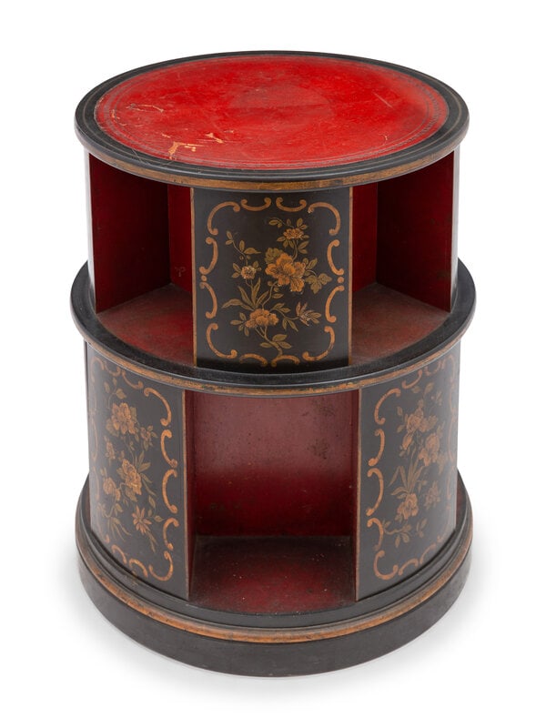 A Regency Style Ebonized and Parcel-Gilt Library Drum Table: A Regency Style Ebonized and Parcel-Gilt Library Drum Table 20th Century Height 30 1/2 x diameter of top 24 inches. This lot is located in Palm Beach.