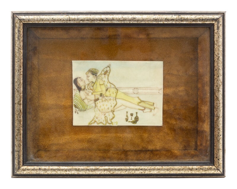 An Indo-Persian Erotic Painted Tile: An Indo-Persian Erotic Painted Tile mounted on velvet and glazed in a silvered frame. Sight, 2 3/4 x 4 inches; frame 7 x 9 1/4 inches. This lot is located in Palm Beach