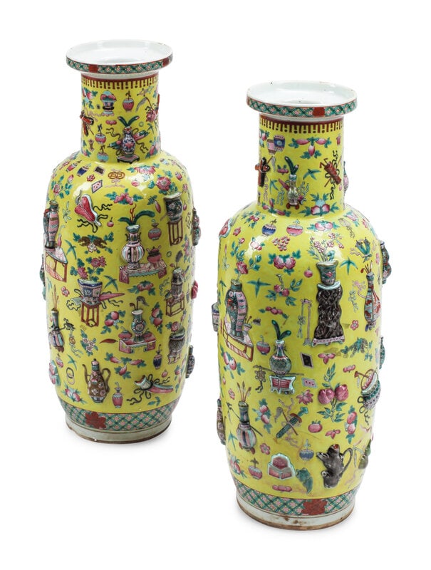 A Near Pair of Chinese Yellow-Ground Porcelain Vases: A Near Pair of Chinese Yellow-Ground Porcelain Vases 20th Century Height 24 inches. This lot is located in Chicago. Condition One of the vases is a
