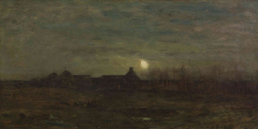 Dwight William Tryon, (American, 1849-1925), Moonlit Ni: Dwight William Tryon (American, 1849-1925) Moonlit Night oil on board signed D. W. Tryon (lower left) 11 1/4 x 22 1/4 inches. Property from the Estate of H.M. Barbour, Chicago, Illino