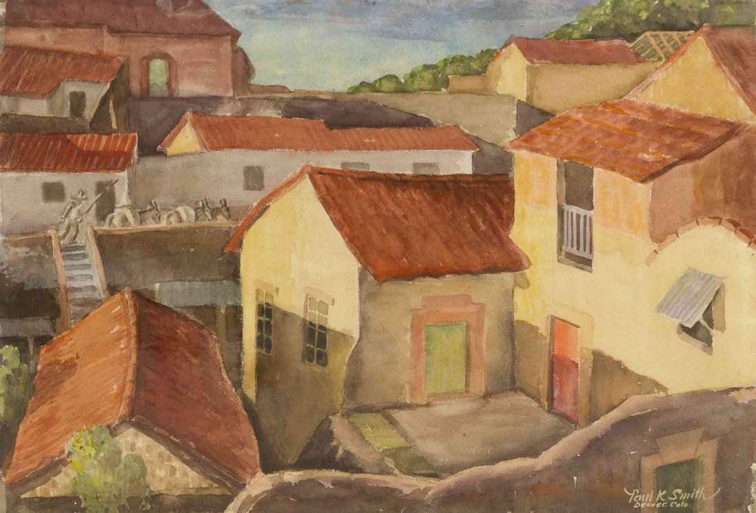 Paul Kauvar Smith, (American, 1893-1978), Moving the Do: Paul Kauvar Smith (American, 1893-1978) Moving the Donkeys Through Town watercolor signed Paul K Smith (lower right) 15 1/2 x 22 1/2 inches.