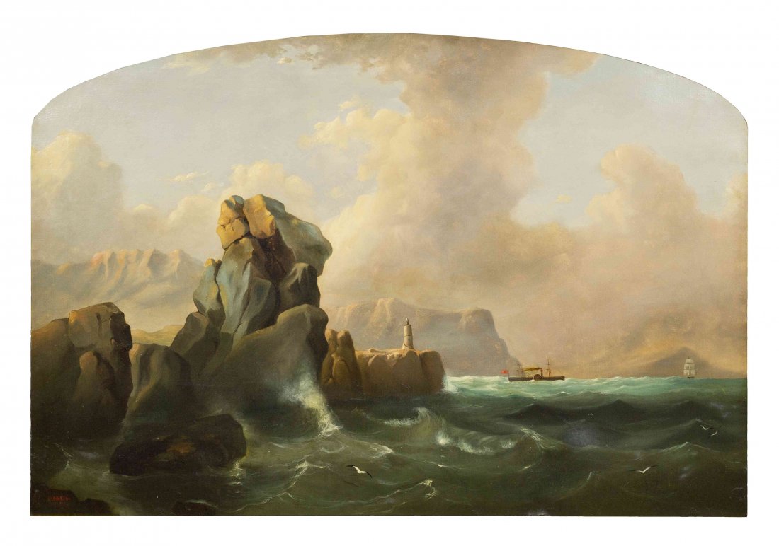 Charles Henry Miller, (American, 1842-1922), View of Sh: Charles Henry Miller (American, 1842-1922) View of Ships Off Rocky Coast, 1858 oil on canvas signed C.H. Miller and dated (lower left) 30 x 44 inches. Property from the Collection of