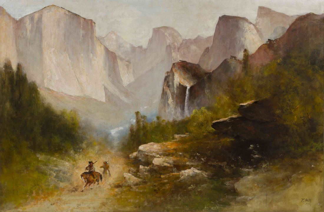 Thomas Hill, (American, 1829-1908), In the Gorge - Yose: Thomas Hill (American, 1829-1908) In the Gorge - Yosemite, 1904 oil on canvas signed T. Hill and dated (lower right) 36 x 52 inches. Property from R.H. Love Galleries, Chicago, Illino
