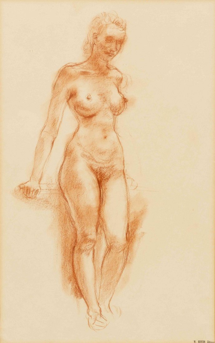 Reginald Marsh, (American, 1898-1954), Standing Nude: Reginald Marsh (American, 1898-1954) Standing Nude red chalk on paper 16 1/2 x 7 inches. Property from the Estate of Bruce L. and Edith J. Felknor, Chicago, Illinois Provenance: Collection of