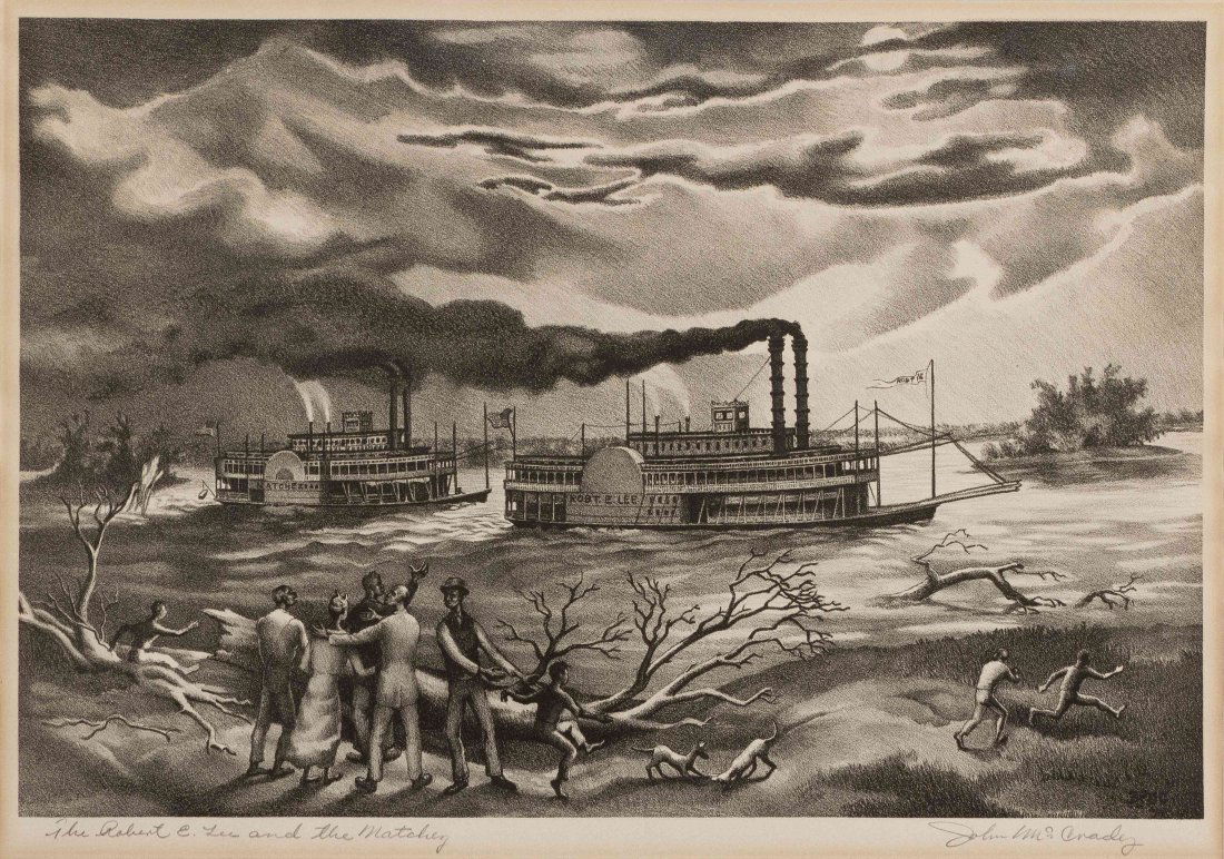 John McCrady, (American, 1911-1968), The Robert E. Lee : John McCrady (American, 1911-1968) The Robert E. Lee and the Natchez lithograph; Associated American Artists, New York, pub. signed John McCrady and titled (lower right) 9 3/4 x 14 1/2 inche