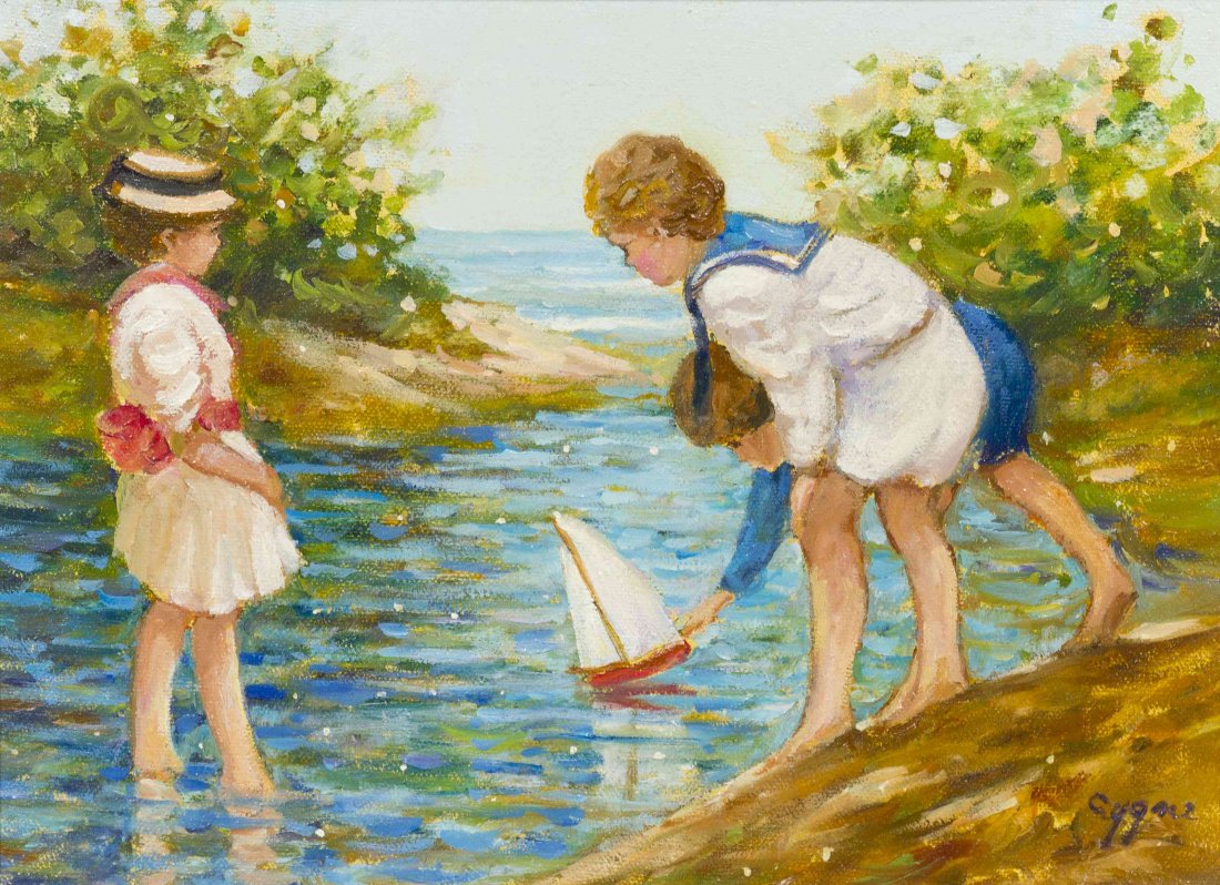 E.J. (Jose Fernandez) Cynge, (American, b. 1929), Playm: E.J. (Jose Fernandez) Cynge (American, b. 1929) Playmates oil on canvas signed Cygne (lower right) 11 x 9 inches.