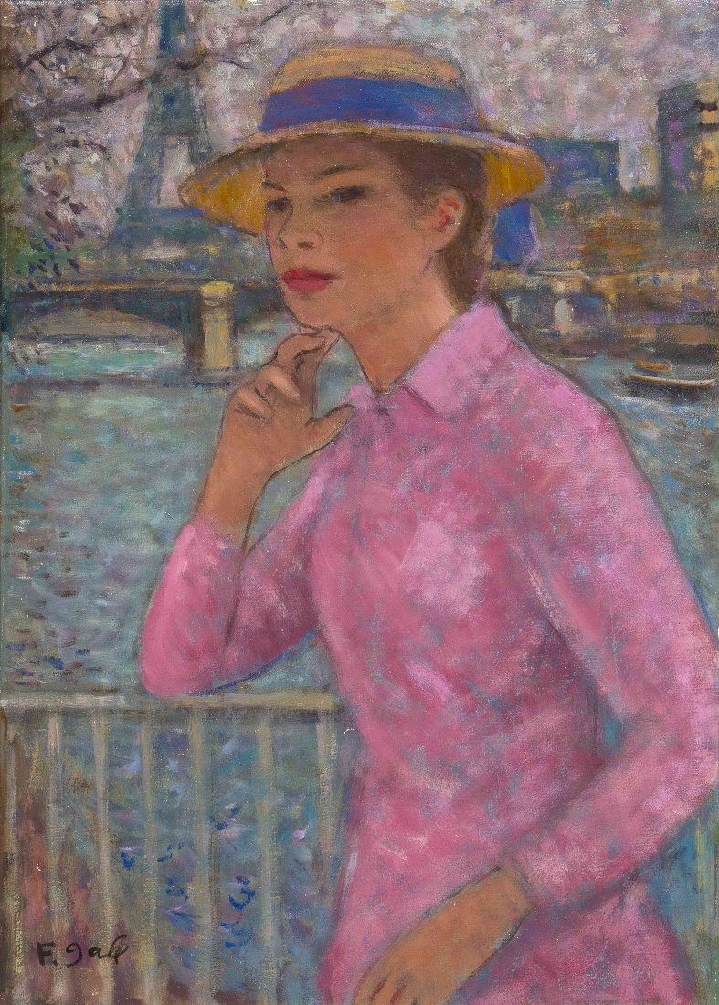 Francois Gall, (French, 1912-1987), Jeune Fille au Tour: Francois Gall (French, 1912-1987) Jeune Fille au Tour Eiffel oil on canvas signed F. Gall (lower left); signed and titled (verso) 18 x 13 inches.