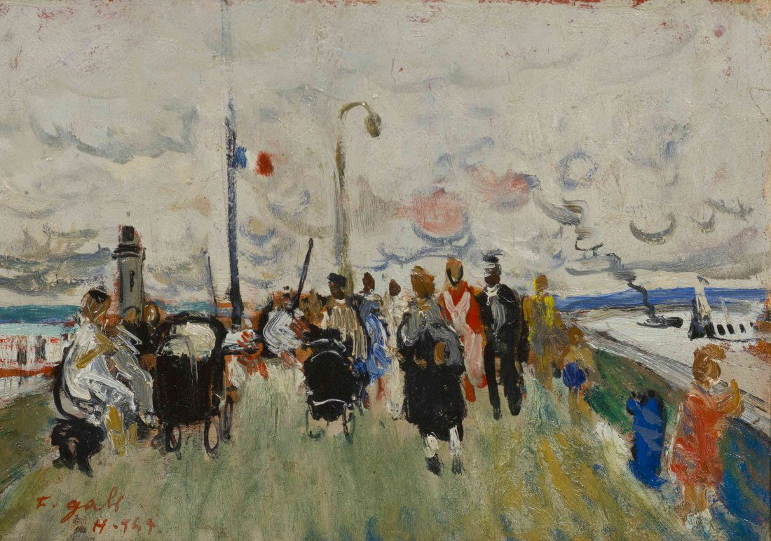 Francois Gall, (French, 1912-1987), People on Pier, 194: Francois Gall (French, 1912-1987) People on Pier, 1941 oil on board signed F. Gall and dated (lower left) 9 1/2 x 13 inches.