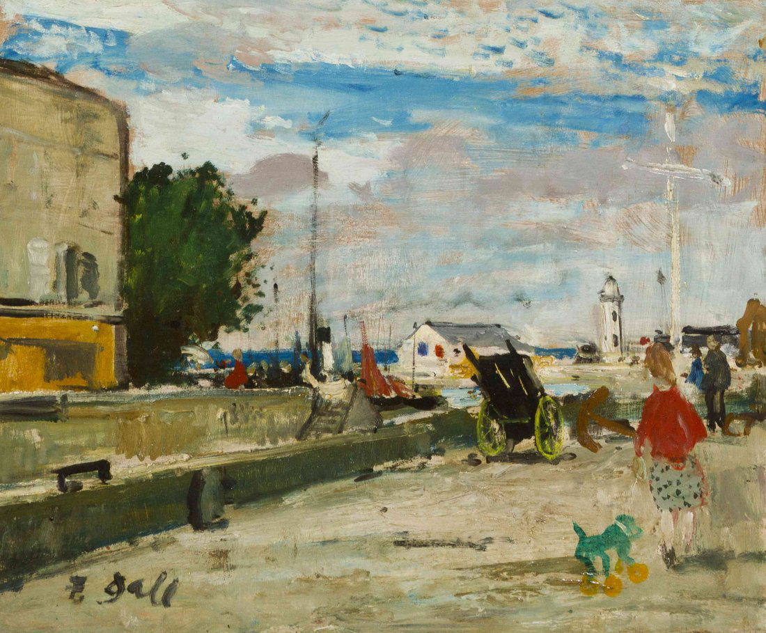 Francois Gall, (French, 1912-1987), Honfleur: Francois Gall (French, 1912-1987) Honfleur oil on board signed F. Gall (lower left) 18 1/2 x 21 3/4 inches.