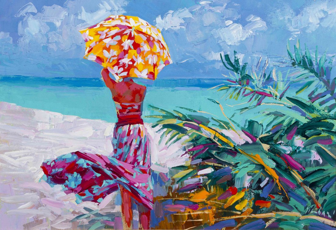 Nicola Simbari, (Italian, b. 1927), Untitled (Parasol J: Nicola Simbari (Italian, b. 1927) Untitled (Parasol Jaune, Sandy Beach, Barbados), 1987 acrylic on canvas signed Simbari (lower right) 26 3/4 x 38 1/2 inches. Property from the Estate