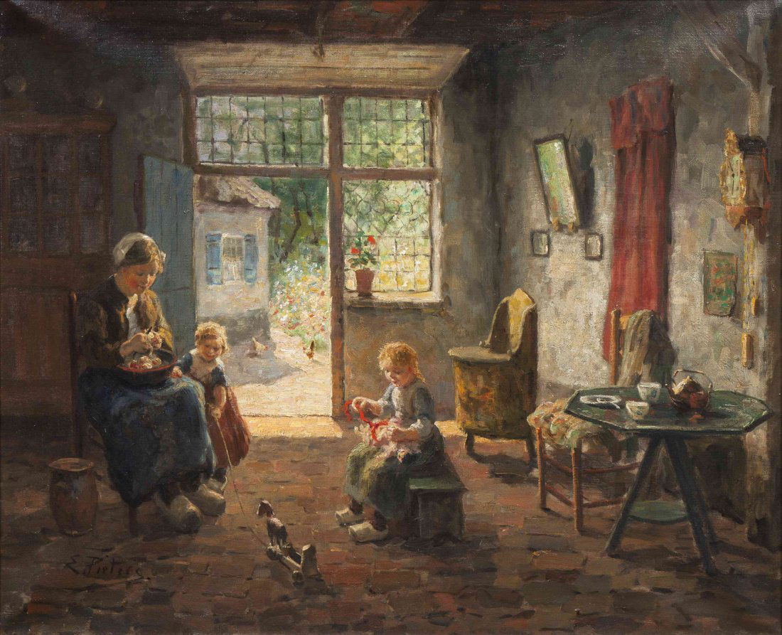 Evert Pieters, (Dutch, 1856-1932), Peeling Apples, 1928: Evert Pieters (Dutch, 1856-1932) Peeling Apples, 1928 oil on canvas signed E. Pieters (lower left); inscribed and dated (verso) 24 1/4 x 29 1/2 inches.