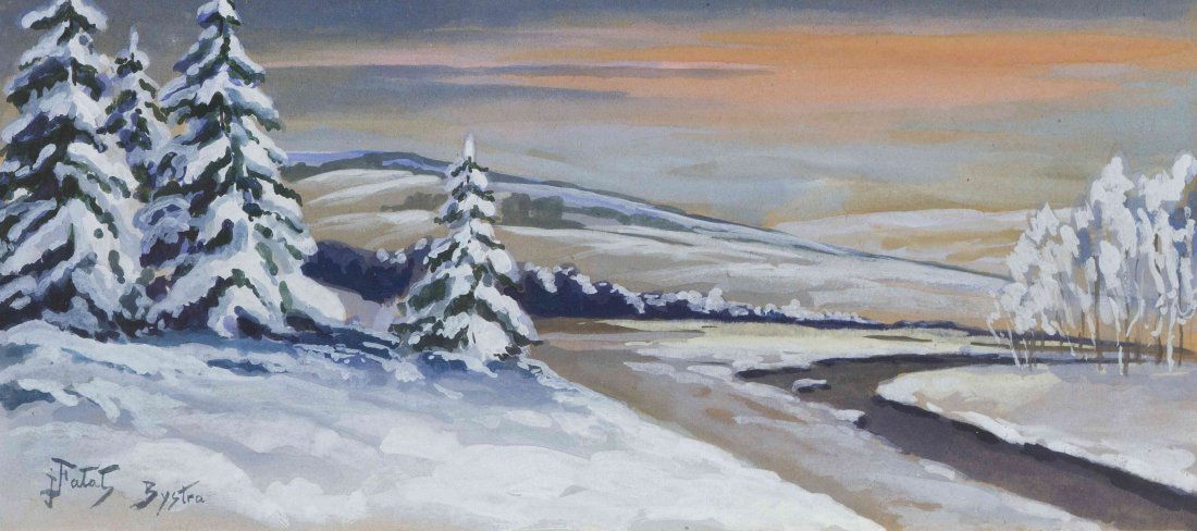 Julian Falat, (Austrian, 1853-1929), Winter Landscape (: Julian Falat (Austrian, 1853-1929) Winter Landscape (Bystra) watercolor and gouache on cardboard signed J. Falat and titled (lower left) 12 x 25 3/4 inches.